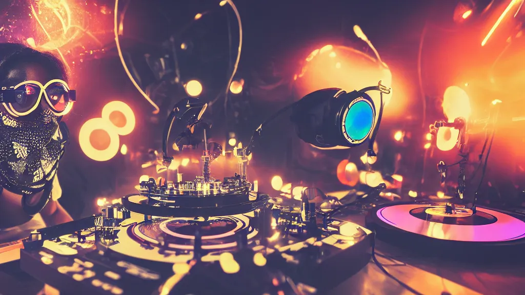 Image similar to a black woman wearing goggles and visor and headphones using an intricate clockwork record player turntable contraption, robot arms, turntablism dj scratching, intricate planetary gears, smoky atmosphere, cinematic, sharp focus, led light strips, bokeh, iridescent, black light, fog machine, hazy, lasers, spotlights, motion blur, color