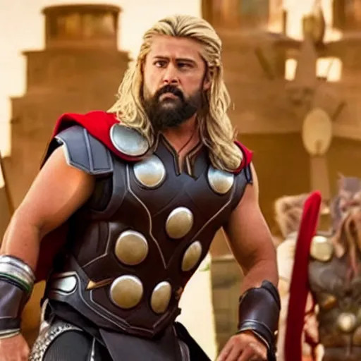 Image similar to film still of rocking star yash as thor in thor ragnarok