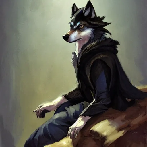 Image similar to an anthropomorphic wolf in a black doublet looking out over the hills, artstation hq, stylized, sharp focus, concept art, furaffinity fursona, furry, anthropomorphic, by gregory manchess and norman rockwell