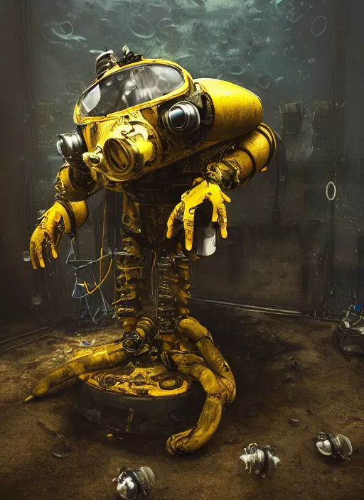 Image similar to a photorealistic dramatic hyperrealistic underwater render of an exosuit deep sea submersible, ultra realistic details, glossy yellow, well worn, rust, oil stains by vitaly bulgarov and mike nash, beautiful dramatic dark moody tones and lighting, cinematic atmosphere, studio lighting, global illumination, shadows, dark background, octane render, 8 k