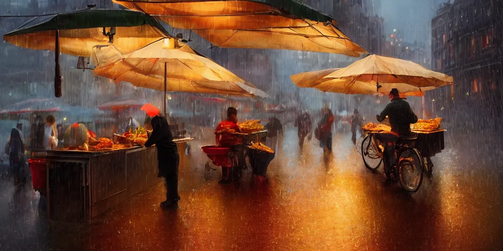 Image similar to Street food vendor prepares your meal as it rains, cozy wallpaper, 4k, high details, volumetric dynamic lighting, motion blur, blur, bokeh, trending on Artstation, award-winning, art by Chris Moore, by Greg Rutkowski