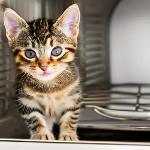 Prompt: a tabby kitten inside a kitchen oven looking at camera, close up