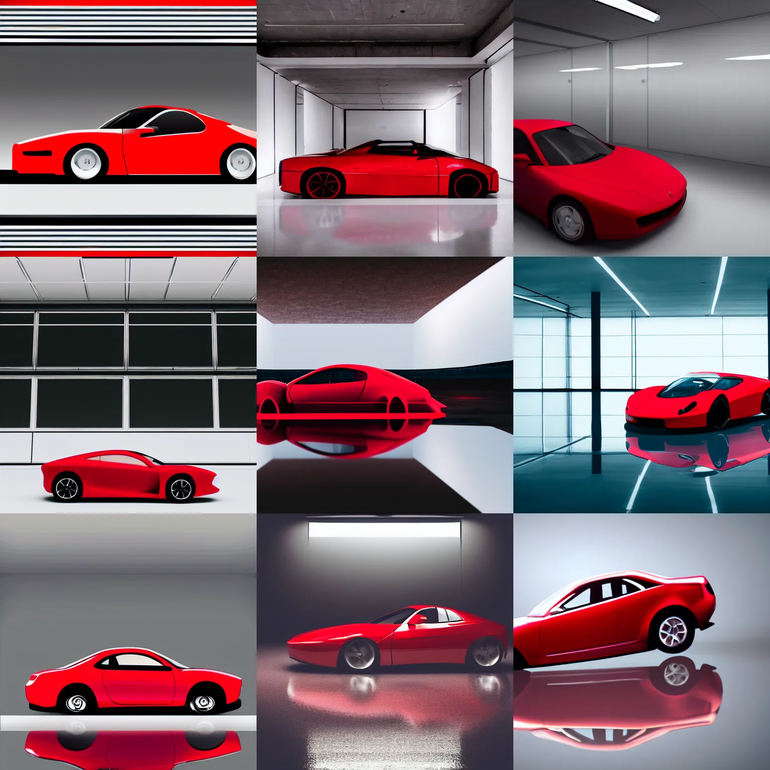 Prompt: a red car standing in an expansive white void with a reflective mirror - like floor, reflective car, realistic, photo - realistic, intricate, white light