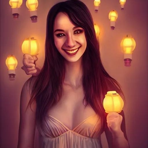 Prompt: portrait of a woman smiling, hyper-realistic, lanterns on background, light leak on foreground, mysterious, fantasy, artstation, artgerm style