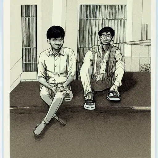 Image similar to two singaporean students in uniform sitting on the roof of a hdb flat, by moebius