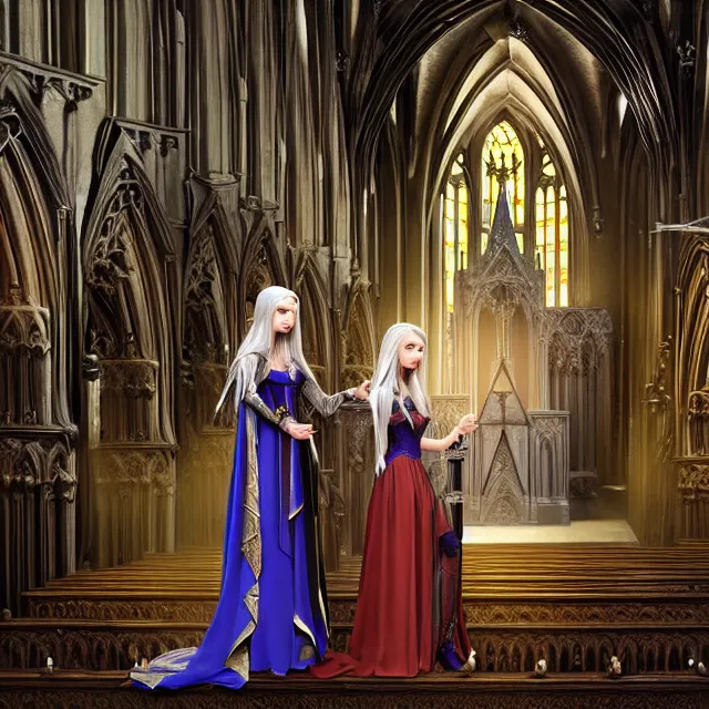 Image similar to an elf queen and ice queen in a gothic church, highly detailed, 4 k, hdr, smooth, sharp focus, high resolution, award - winning photo, close up, illustrated by anne stokes, photorealistic