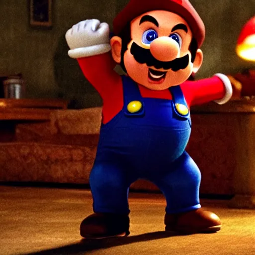 Image similar to Danny DeVito as Super Mario, cinematic, Wide-shot, atmospheric lighting, directed by Quentin Tarantino, movie still