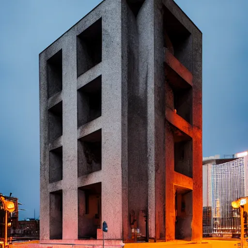 Prompt: a furturistic brutalist behemoth built in brutalism architecture, diverse unique building geometry full of shapes and corners, photography at night