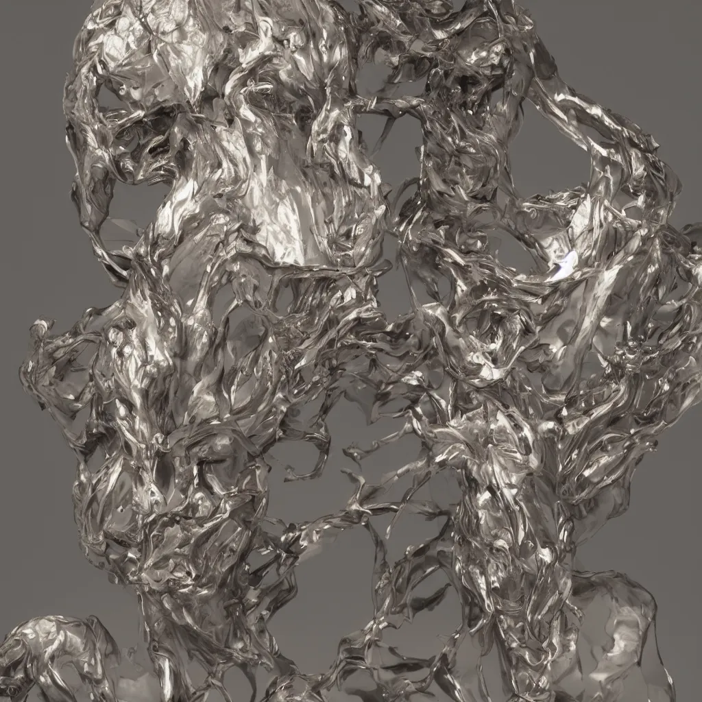 Image similar to 3 d render of a carved melted human head, sculpture, chrometype, liquid metal, neotribal, raytraced, volumetric lightning, 8 k, by zhelong xu, tooth wu, wlop, ouchh and and innate studio