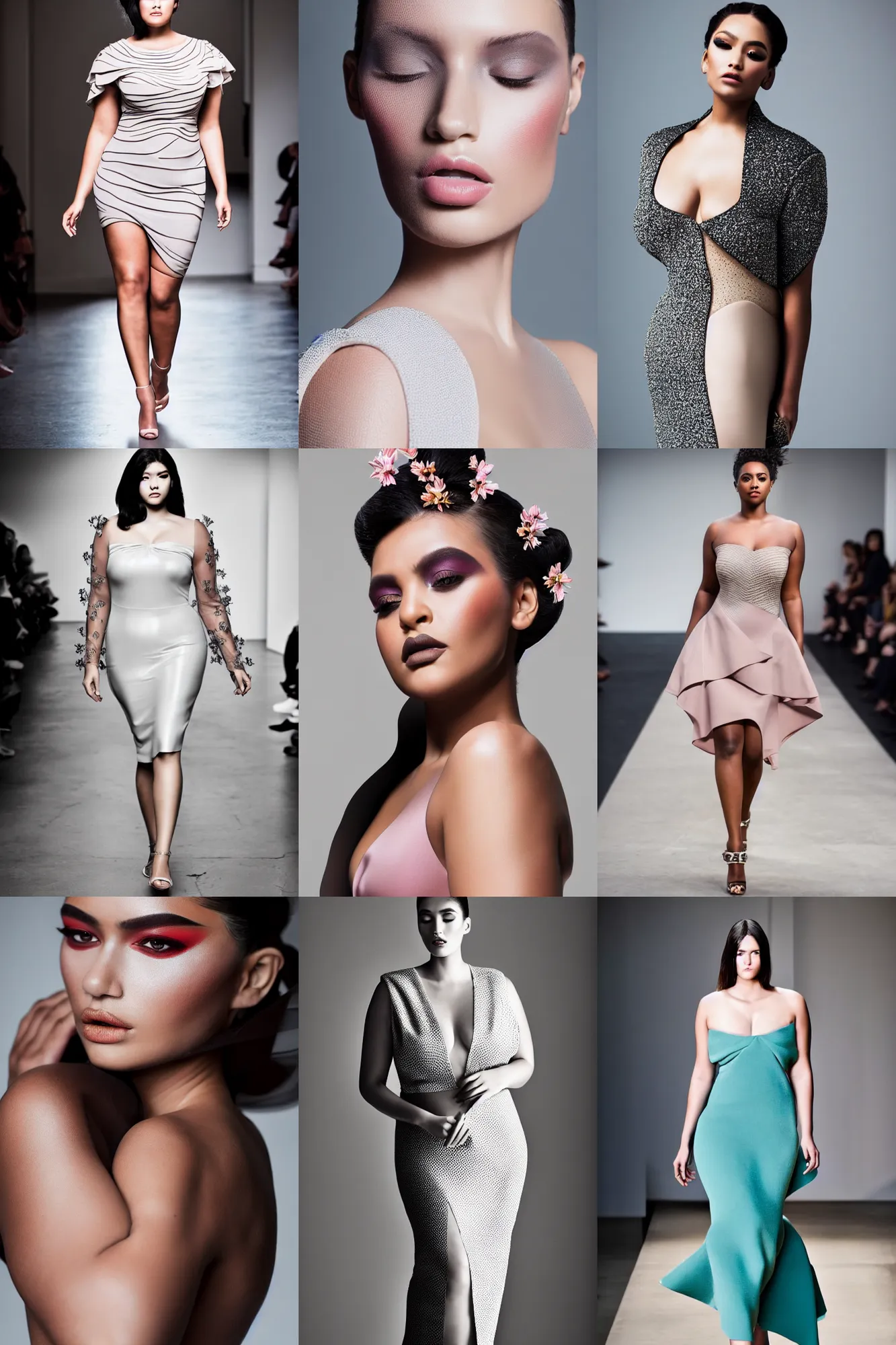 Prompt: pinterest haute couture, flutter modern design, volume aesthetic, curvy model, summer collection tones, sigma 8 5 mm f / 8, high detail, runway photography, professionally retouched, interesting shade lighting