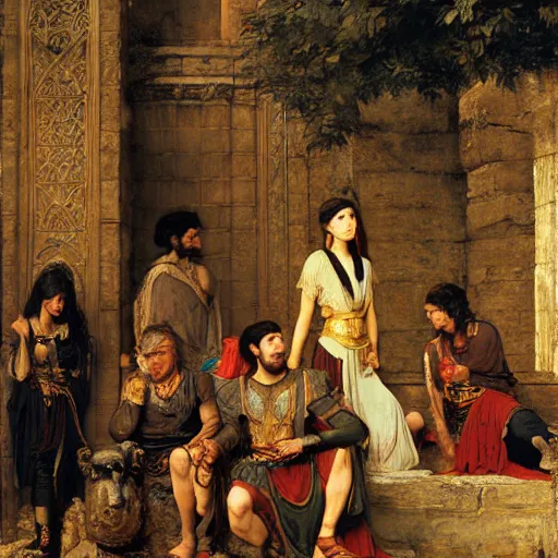 Prompt: orientalist painting of a group of adventurers in a sandstone ruin dungeons and dragons intricate artwork by john william waterhouse and Edwin Longsden Long and Theodore Ralli and Henryk Siemiradzki. high detail 8k