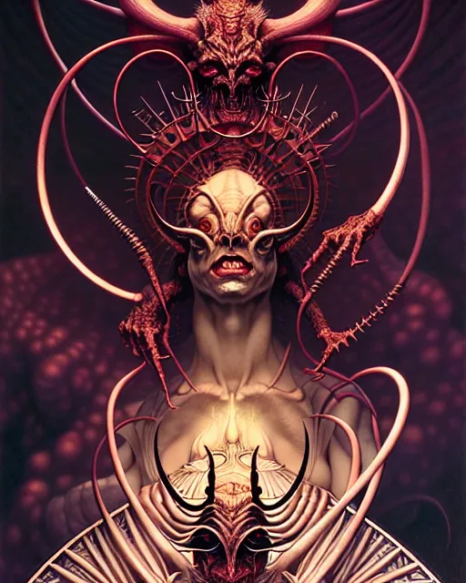 Prompt: the devil tarot card, fantasy character portrait made of fractals, ultra realistic, wide angle, intricate details, the fifth element artifacts, highly detailed by peter mohrbacher, hajime sorayama, wayne barlowe, boris vallejo, aaron horkey, gaston bussiere, craig mullins