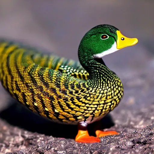 Prompt: A creature that is a cross between a duck and a snake. It has a long, green body with orange spots. Its beak is sharp and curved, and it has orange eyes.