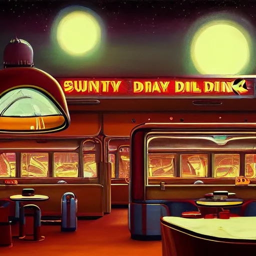 Prompt: beautiful painting of a dirty space diner in the style of Simon Stålenhag and H. R. Giger, detailed, trending on Artstation