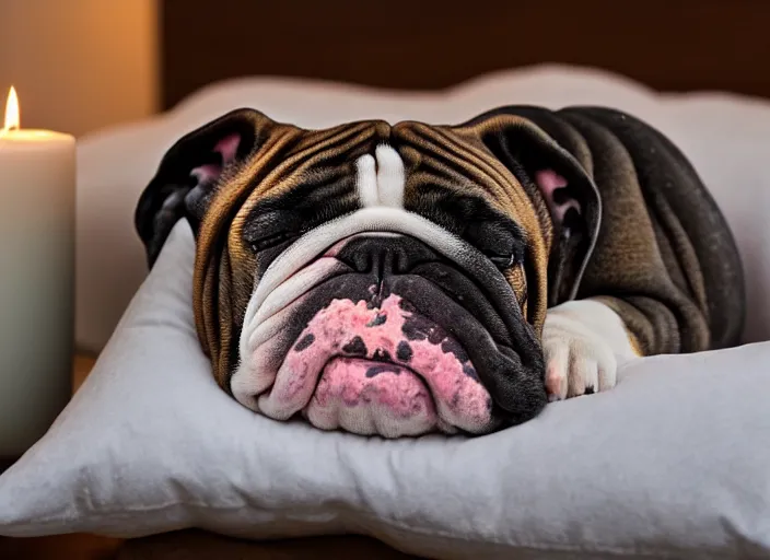 Image similar to a closup, 4 5 mm, portrait of a sleeping english bulldog on a pillow in a bed, candle light, 4 5 mm, by franz lanting