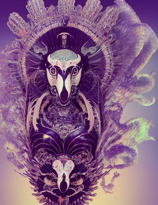 Image similar to 3 d goddess close - up 3 / 4 portrait with ram skull. beautiful intricately detailed japanese crow kitsune mask and clasical japanese kimono. betta fish, jellyfish phoenix, bio luminescent, plasma, ice, water, wind, creature, artwork by tooth wu and wlop and beeple and greg rutkowski