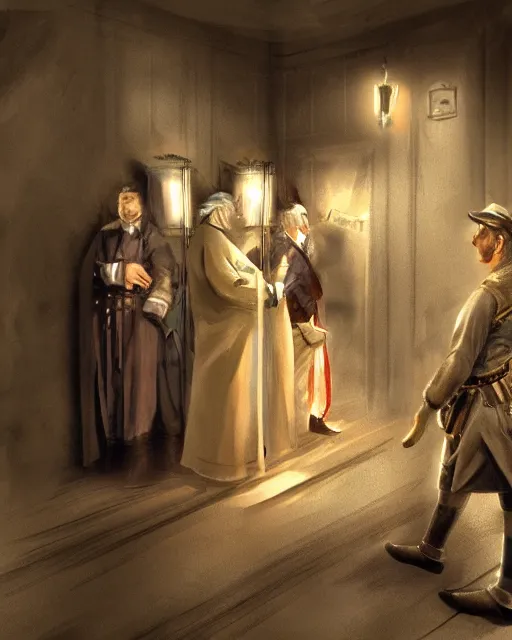 Prompt: speaking to historical figures through time, time travel, concept art, dramatic lighting