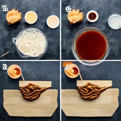 Prompt: making of an edible giraffe from noodles and soy sauce in 4 steps, each step is a progression from the last, from the beautiful'how to make food art step by step collection ', dslr