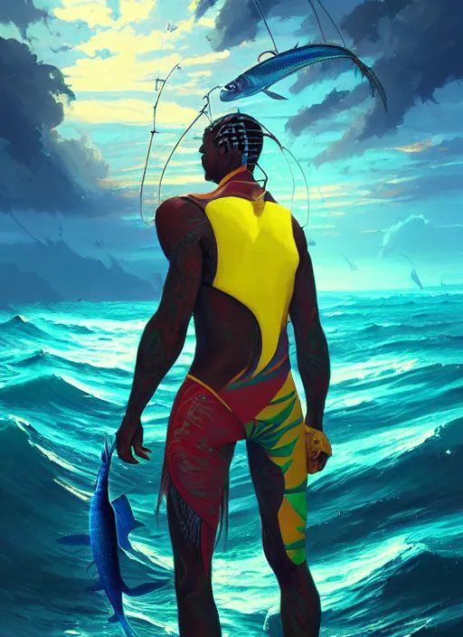 Image similar to portrait of a jamaican fisherman sci - fi glowing fishing armor jamaican colors muscular cyberpunk intricate elegant highly detailed digital painting artstation concept art, ocean fish background, greg rutkowski, loish, rhads, ferdinand knab, makoto shinkai and lois van baarle, ilya kuvshinov, rossdraws, tom bagshaw