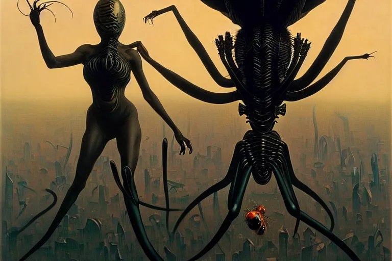 Image similar to realistic detailed portrait movie shot of a beautiful black woman riding a giant spider, dystopian city landscape background by denis villeneuve, amano, yves tanguy, alphonse mucha, max ernst, kehinde wiley, jean delville, david lynch, roger dean, cyber necklace, rich moody colours, sci fi patterns, dramatic, wide angle