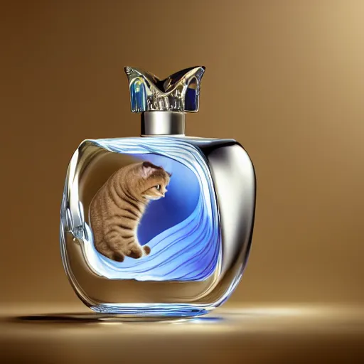 Image similar to An elegantly designed perfume bottle, in the form of a cat, half filled with liquid, very detailed, high refraction, soft blue volumetric lighting, DoF narrow, octane render UHD, made by René Lalique