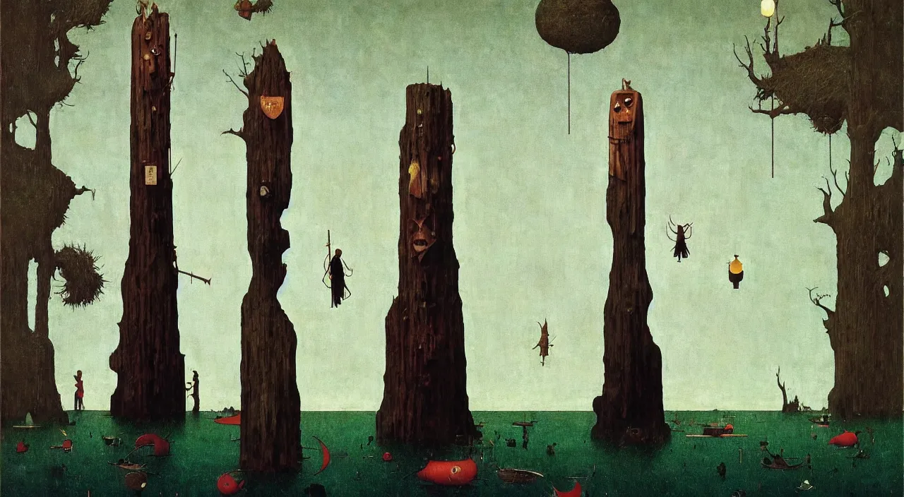 Image similar to single flooded simple!! wooden totem!! pole, very coherent and colorful high contrast masterpiece by norman rockwell franz sedlacek hieronymus bosch dean ellis simon stalenhag rene magritte gediminas pranckevicius, dark shadows, sunny day, hard lighting