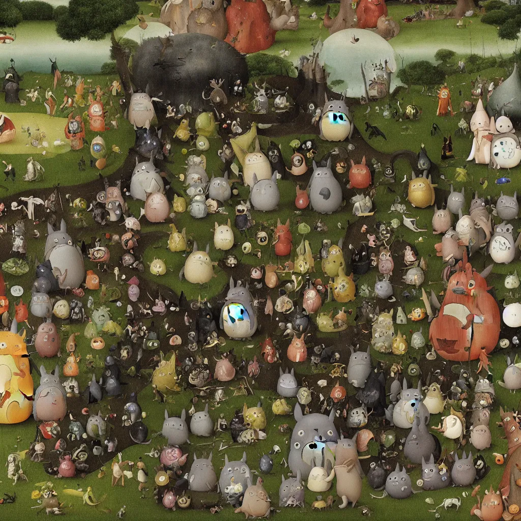 Prompt: detail of garden of earthly delights by studio ghibli. totoro. digital painting. digital render. hieronymus bosch