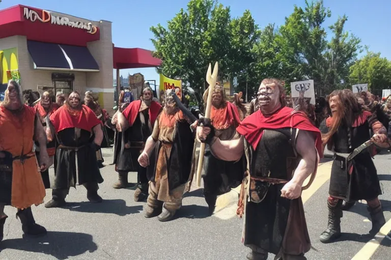 Image similar to cellphone photograph of lord of the rings uruk - hai and orcs protesting the working conditions at a mcdonalds parking lot in the daylight. dirty mcdonalds uniforms, aprons. picket signs and battleaxes in hand