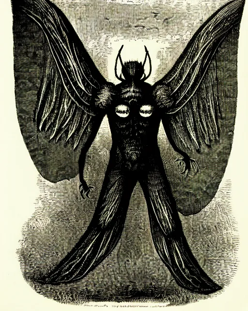 Prompt: illustration of mothman from the dictionarre infernal, etching by louis le breton, 1 8 6 9, 1 2 0 0 dpi scan