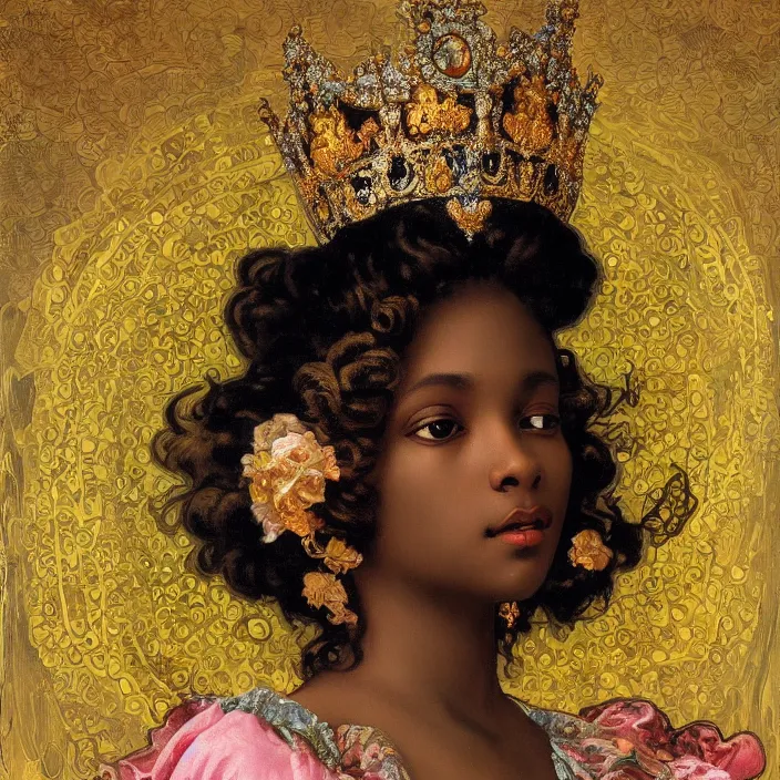 Prompt: highly detailed venetian rococo portrait of a black princess wearing a crown, golden jewels, pastel flowery background, volumetric lighting, realistic, symmetrical, digital illustration, art by alphonse mucha, kehinde wiley, artem demura