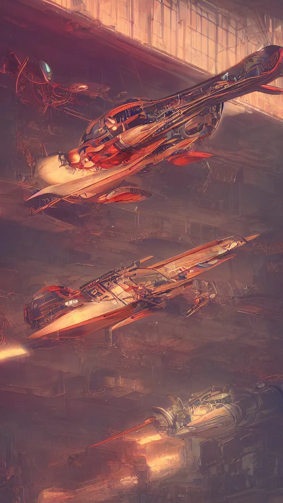 Image similar to concept art, retro - futurist steampunk pilot, airship hangar, imperious, octane render, artstation, dramatic neon lighting, glowing imperial motifs, eerie, mysterious, red turquoise accents, bladerunner, by gerald brom, james jean, syd mead, akihiko yoshida, cinematic