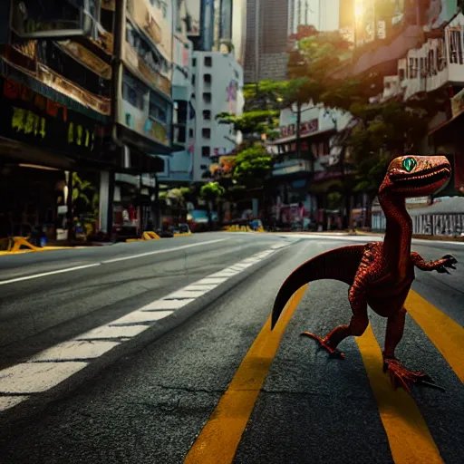 Image similar to a velociraptor walking through kowloon, hong kong. sunbeams, cinematic shot