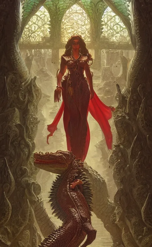 Prompt: crocodile godess in temple entrance, reptilian skin, d & d, fantasy, intricate, elegant, highly detailed, digital painting, artstation, concept art, matte, sharp focus, illustration, art by artgerm and greg rutkowski and alphonse mucha