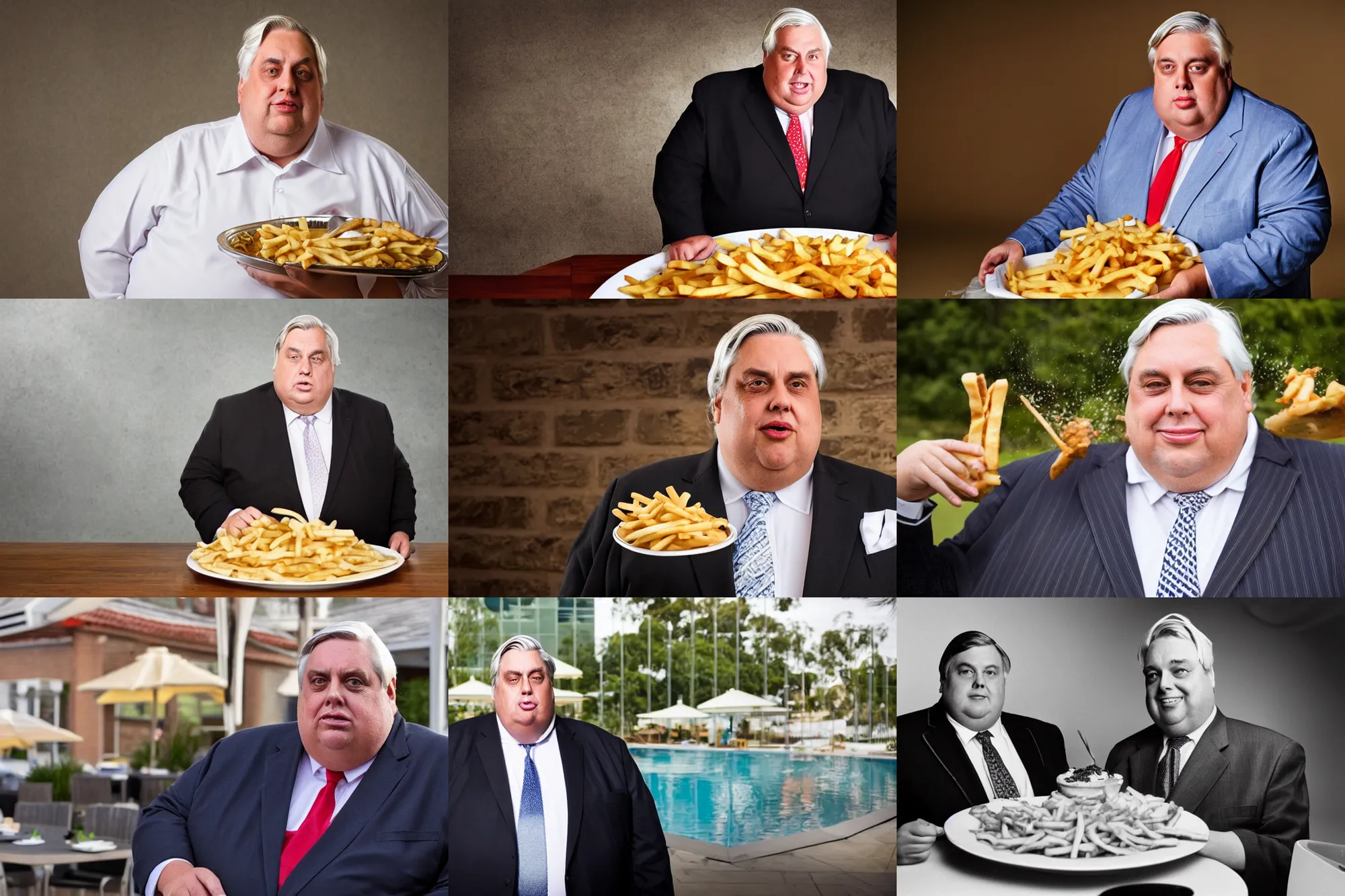 Prompt: morbidly obese Clive Palmer wearing a suit and tie standing in a swimming pool of gravy and fries, portrait photography, depth of field, bokeh