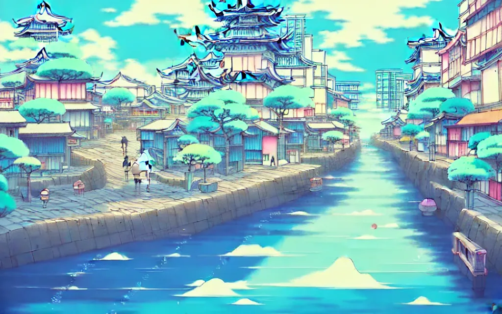 Prompt: a japanese city near the sea, lofi, dreamy, moody, very colorful, anime inspiration, ghibli vibe