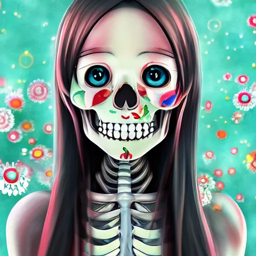 Image similar to manga fine details portrait of joyful skull girl skeleton, bokeh. anime masterpiece by Studio Ghibli. 8k render, sharp high quality anime illustration in style of Takashi Murakami, artstation