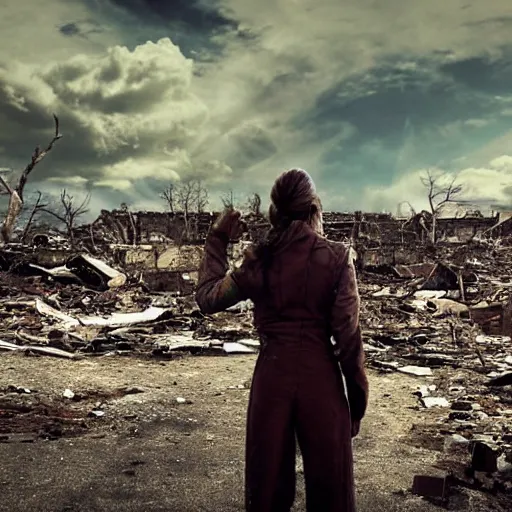 Prompt: postapocalyptic woman staring at a destroyed wasteland