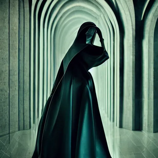 Image similar to Fashion photography of a woman wearing a futuristic outfit inspired by The Handmaid’s Tale (2017), intricate, artistic photography, cinematic lighting, insanely detailed, cinestill 800t, Vogue magazine