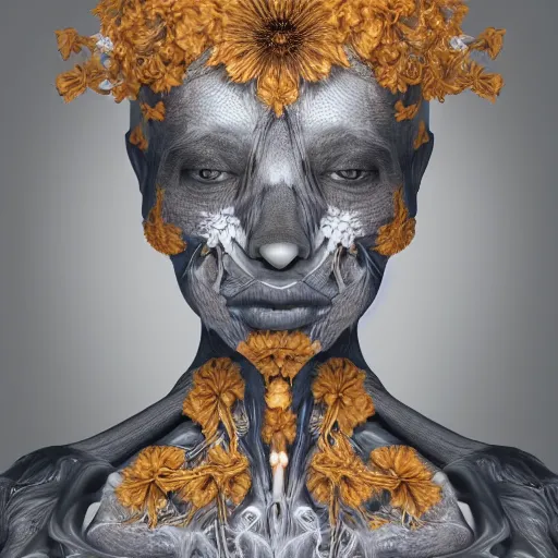 Prompt: beatifull frontal face portrait of a woman, 150 mm, gonzo, anatomical, flesh, flowers, mandelbrot fractal, facial muscles, veins, arteries, symmetric, intricate, golden ratio, full frame, microscopic, elegant, highly detailed, ornate, ornament, sculpture, elegant , luxury, beautifully lit, ray trace, octane render in the style of Trevor brown , robert Mapplethorpe and Cindy sherman