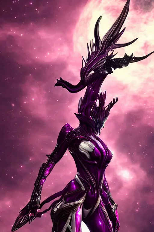 Image similar to galactic hyperdetailed elegant beautiful stunning giantess saryn warframe dragon goddess paw shot, sharp spines, sharp metal ears, smooth purple eyes, smooth fuschia skin, silver armor, bigger than galaxy, epic proportions, epic scale, epic size, warframe fanart, destiny, furry, dragon art, goddess, giantess, furaffinity, octane render