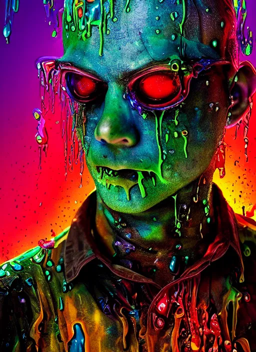 Prompt: beautiful profile photograph of a slimy rotting zombie cop covered in colorful wet goop, dripping with colorful liquid, policeman, cop, biocop, intricate details, dark ambient, service cap, atmospheric, elegant, super highly detailed, professional digital photo, artstation, concept art, 8 k