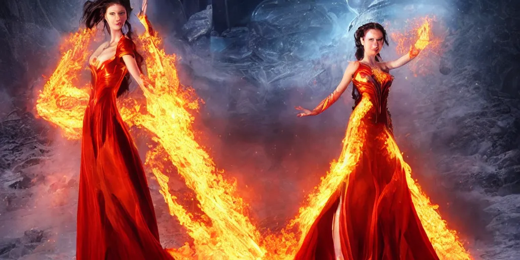 Prompt: extraordinary sensual attractive fairytale princess dress made of fire and ice, snow, fusion, eruption, particles, face detailed Catherine zeta jones, 3d model, epic scene unreal render depth of focus blur hyper realistic detail Star Wars, x-men storm , fantasy art behance