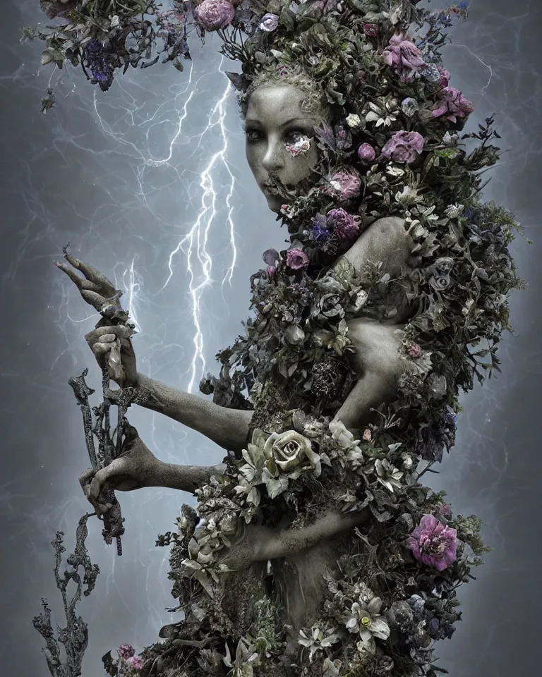 Image similar to portrait of a gothic cemetery statue made of mist and flowers, cosmic horror, mutating into mist, cinematic lightning, Andrew Ferez, Charlie Bowater, Marco Mazzoni, Seb McKinnon, Ryohei Hase, Alberto Seveso, Kim Keever, trending on cgsociety, featured on zbrush central, new sculpture, mystical