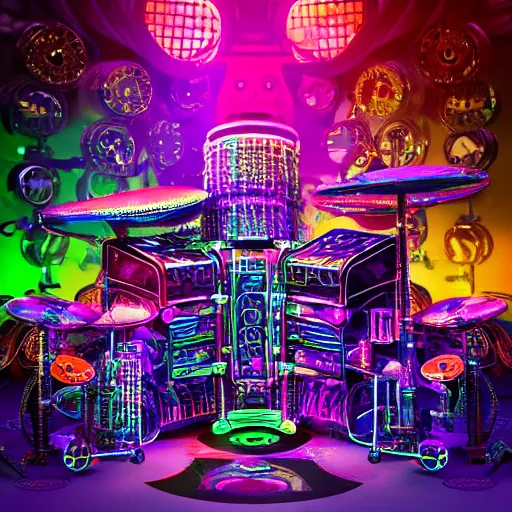 Image similar to album cover, album is called tripmachine, tripmachine, photo of a huge steampunk machine made of guitars and drums and pianos, connected with glowing tubes 8 k, fluorescent colors, halluzinogenic, multicolored, exaggerated detailed, front shot, 3 d render, octane