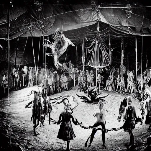 Prompt: historic photo, epic image of a Lovecraft circus with otherworldly beasts and eldritch hillbillies, tents, circus signs, freak show, distorted, creepy, rotten, miserable, depressing, bleak, stan winston studio, brian froud, John Kenn Mortensen, Ed Roth, beasts, scary, evil, eerie, night, flash photography, wet, photo real, hyper real, beautiful, devestating, uncanny, 8k uhd, highly detailed, candid photo