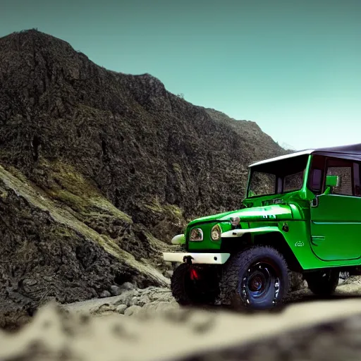 Image similar to closeup of a green Toyota Fj43 build in 1981, traveling through the mountains, black roof, with a roof rack, detailed, 8K, octane render, 8K,