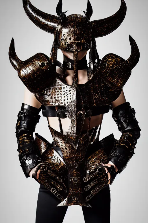 Image similar to very ashamed summoned demonic model, who was made posing in louis vuitton armor, luxury materials, symmetrical, cinematic, elegant, professional studio light, real dlsr photography, sharp focus, 4 k, ultra hd, sense of awe, high fashion