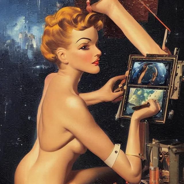 Image similar to robot artist painting a self - portrait on a canvas. intricate, highly detailed, digital matte painting in the style of gil elvgren and in the style of stephen hickman. irony, recursion, inspiration.