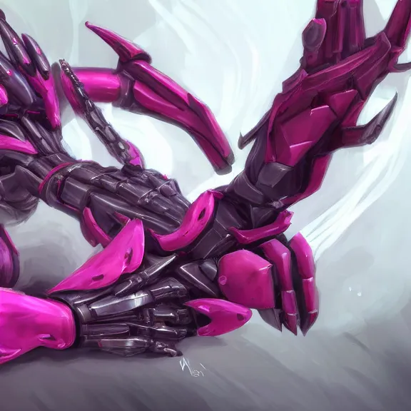 Image similar to very close up foot pov shot, hyperdetailed elegant beautiful stunning, anthropomorphic mecha female dragon, showing detailed dragon paws to camera, sharp claws, soft pads, sharp silver armor, fuchsia skin, anthro dragon art, warframe destiny fanart, furry paws furry, furaffinity, deviantart, octane, ekasportal