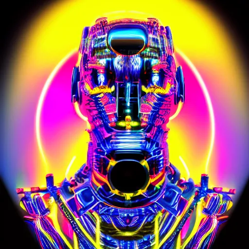 Prompt: hyperdetailed portrait of a futuristic atompunk robot head, 8 k, symetrical, flourescent colors, halluzinogenic, multicolored tshirt art, black background